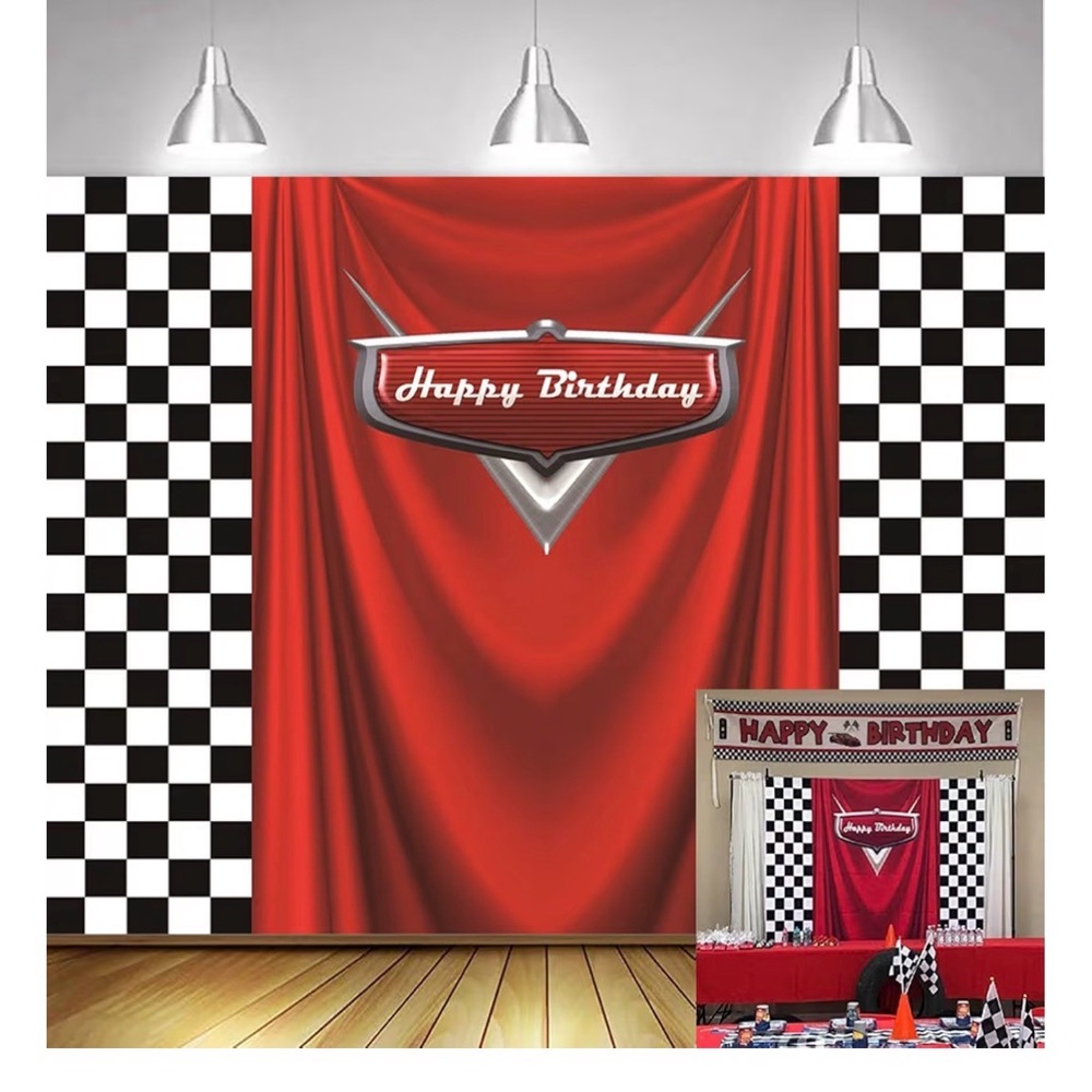 Cars Movie Happy Birthday Themed Backdrop, 5 x 7,  Grid  Racing Flag